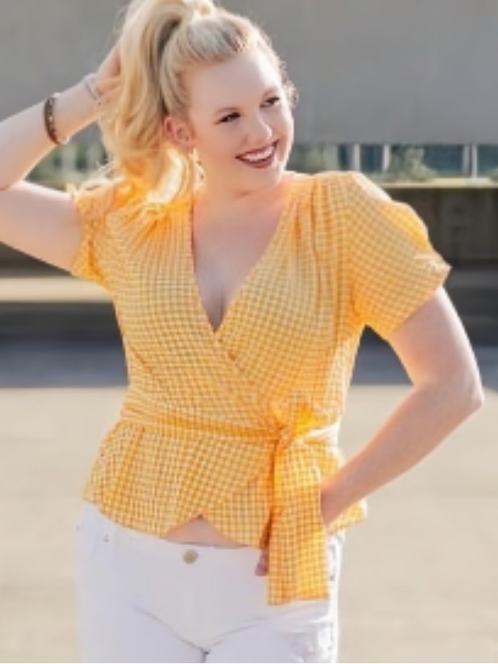 Max Studio Yellow Gingham Wrap Peplum Top - Women